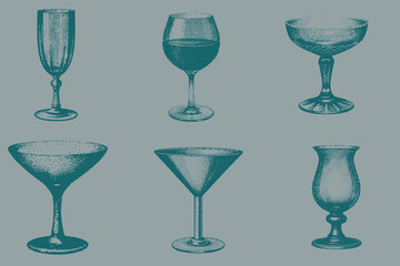 hand drawn Vintage glass set for creative design. Margarita Glass, Wine Glass, Champagne Flute, Hurricane Glass, Martini Glass vector illustration. Eps 10