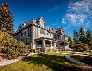 Elegant Home with Impeccable Landscaping under a Bright Blue Sky - A Showcase of Suburban Dream Living