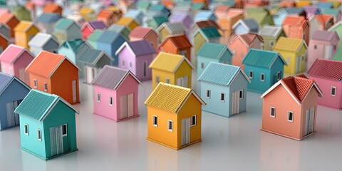 Many small colorful houses densely packed together on a white surface