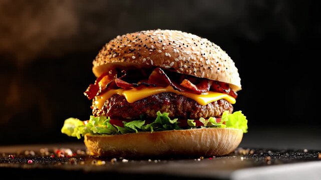 Juicy gourmet burger sizzling with melted cheese and crispy bacon on dark background, 4K