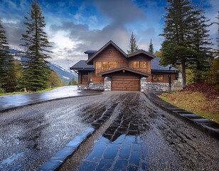 Luxury Mountain Home Retreat: A Stylish Residence Nestled Amidst Towering Trees and Majestic Peaks on a Wet Day