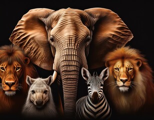 Magnificent Wildlife Portrait: An Elephant, Two Lions, a Zebra, and a Wolf Stand Together Against a Dark Background