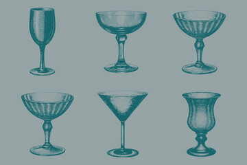 hand drawn Vintage glass set for creative design. Margarita Glass, Wine Glass, Champagne Flute, Hurricane Glass, Martini Glass vector illustration. Eps 10