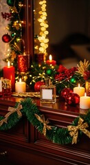 Elegant Christmas still life with lit candles, festive decorations, and a perfume bottle on a wooden dresser.