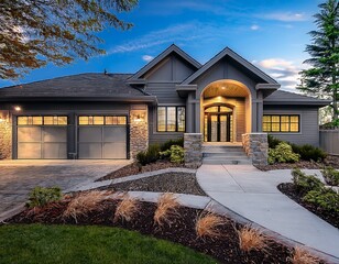 Sophisticated Gray Home Exterior with Stone Accents, Arched Entryway, and Beautiful Landscaping under a Vibrant Sky