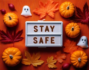 "Stay Safe" Halloween message with pumpkins, leaves, and friendly ghosts on an orange knitted background.