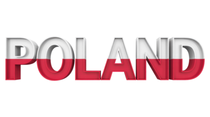 A vibrant 3D rendering of the word 'POLAND' showcasing the national white and red flag colors, isolated on a transparent background. background removed