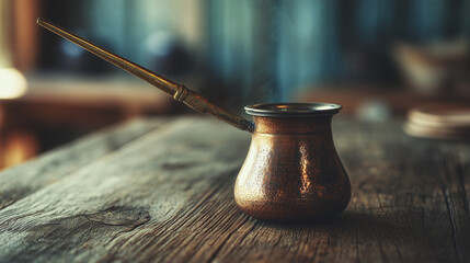 Traditional Copper Cezve on Rustic Wooden Table with Warm Natural Light