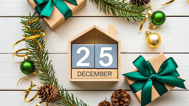 December 25 Christmas Holiday Still Life with Calendar, Gift Boxes, Pine Branches, and Festive Decorations
