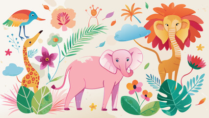 Obraz premium Cute Cartoon Animals in a Tropical Floral Setting