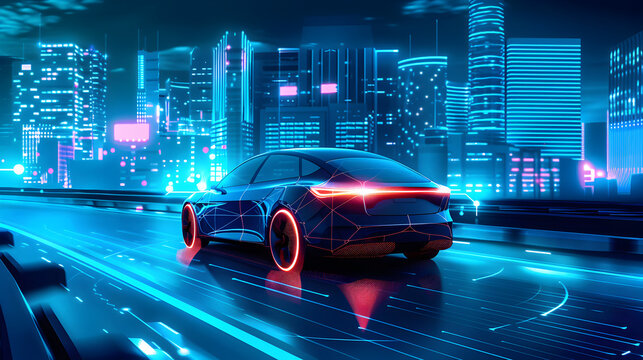 Futuristic electric car drives through neon lit smart city - Powered by Adobe