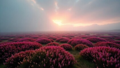Misty Heather Moorland at Dawn A vast, undulating moorland covered in blooming heather, shrouded in a soft, ethereal morning mist. The light is diffused and gentle, with hints of sunrise breaking
