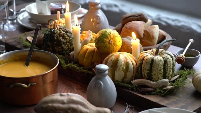 Autumn table setting with pumpkins. Thanksgiving holiday dinner and fall decoration.