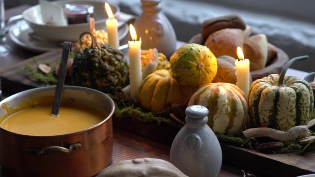 Autumn table setting with pumpkins. Thanksgiving holiday dinner and fall decoration.