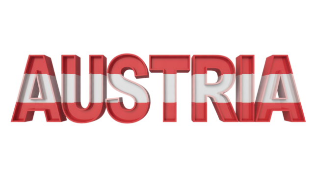 3D rendered text 'AUSTRIA' with the nation's red and white flag pattern, set against a transparent background for easy extraction. background removed