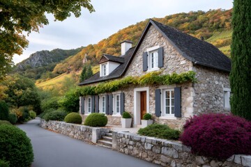 French stone house in autumn vineyard landscape