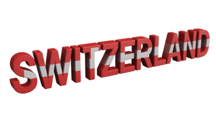 3D rendering of the word 'SWITZERLAND' in bold, red letters featuring the Swiss flag pattern, set against a solid transparent background. background removed