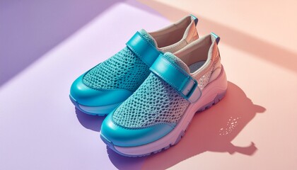Stylish Turquoise Knit Sneakers with Chunky Soles and Velcro Straps on a Pastel Background