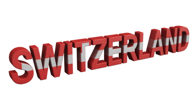 3D rendering of the word 'SWITZERLAND' in bold, red letters featuring the Swiss flag pattern, set against a solid transparent background. background removed