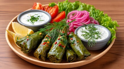 Dolma stuffed grape leaves with tzatziki sauce and lemon