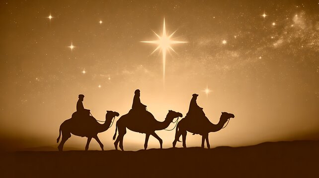 Silhouette of Three Wise Men Following Star of Bethlehem in Night Sky
