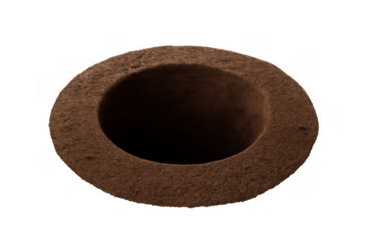 Earth burrow hole with deep dark interior, suggesting an animal habitat, isolated on transparent background