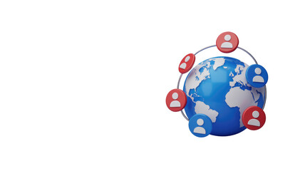 3D rendering of Earth with various person icons, connected by a ring, symbolizing global social networks, communities, and international collaboration. background removed