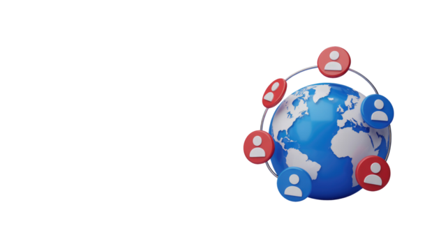 3D rendering of Earth with various person icons, connected by a ring, symbolizing global social networks, communities, and international collaboration. background removed