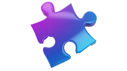 A glossy, gradient puzzle piece, shifting from vibrant purple to deep blue, symbolizing connection, solution, or a missing part. background removed