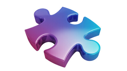 A glossy 3D rendered puzzle piece displays a vibrant purple to blue gradient, symbolizing connection, solution, and strategic thinking. background removed