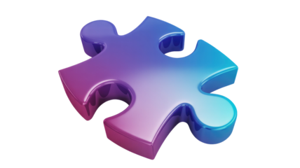 A glossy 3D rendered puzzle piece displays a vibrant purple to blue gradient, symbolizing connection, solution, and strategic thinking. background removed
