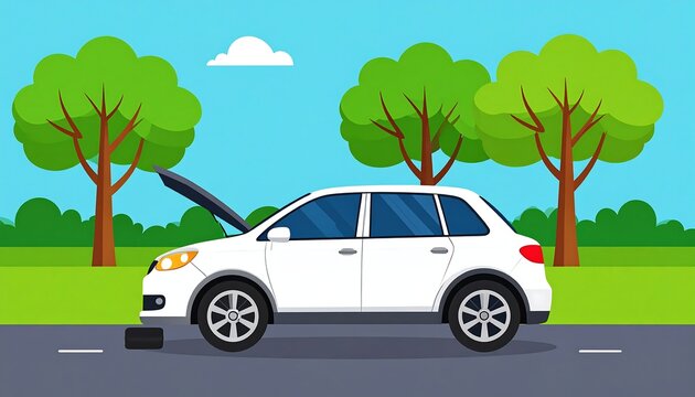 A white SUV sits on a road with its hood open, likely broken down. Green trees and a blue sky form the backdrop
