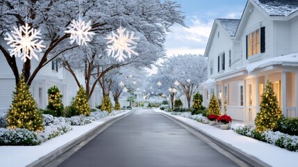 Snowy winter street with festive Christmas decorations