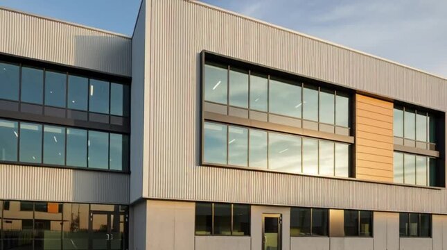 Modern Commercial Building Exterior with Large Glass Windows and Geometric Design Captured in Daylight