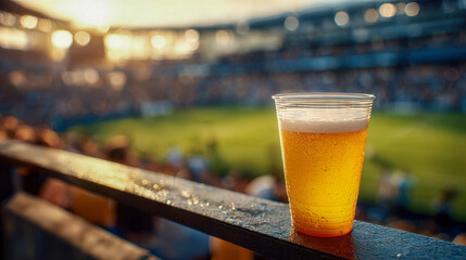 Cold refreshing beer in a plastic cup with condensation droplets resting on railing at a sunny outdoor sports stadium during an exciting live event in the evening
