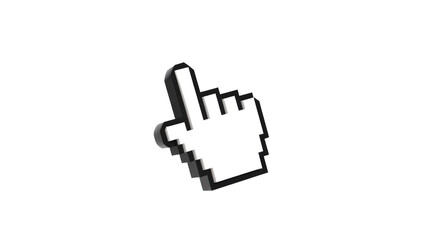 Fototapeta premium A compelling 3D rendered pixelated hand cursor in black and grey, pointing upwards. A classic digital interface icon representing selection or interaction. background removed