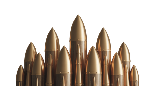 A captivating display of stylized bullets, featuring gleaming golden tips and rich wooden bases, artistically arranged against a vibrant transparent background. background removed