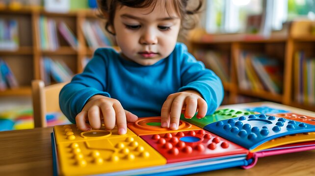 Young Child Exploring Colorful Tactile Learning Book for Early Education and Sensory Development
