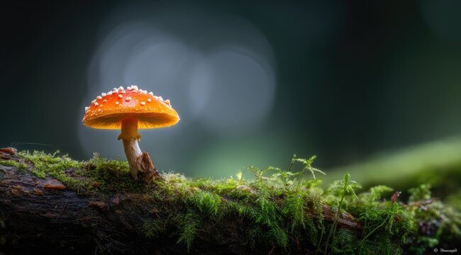 Bright mushroom on mossy log against out-of-focus forest background - Powered by Adobe