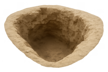 Hole in the ground dug out from solid dry earth, showing depth with rough edges, on transparent background