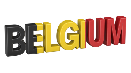 A 3D rendering of the word BELGIUM with letters colored in black, yellow, and red, representing the national flag. background removed