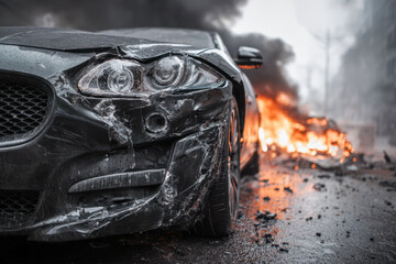 Front view of a damaged black sports car with a severely crushed bumper and headlight near a fiery wreck on a wet street surrounded by smoke and debris