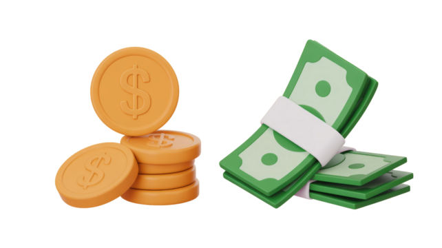 3D rendered illustration showing stacks of golden dollar coins and bundles of green dollar bills. background removed