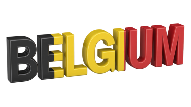 A 3D rendering of the word BELGIUM with letters colored in black, yellow, and red, representing the national flag. background removed