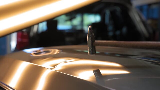 Close up footage of Process of pointless dent repair on car body, mechanic at the auto shop with hammer tools to repair dents in damaged car body. PDR