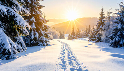 Winter Sunrise in Snowy Forest