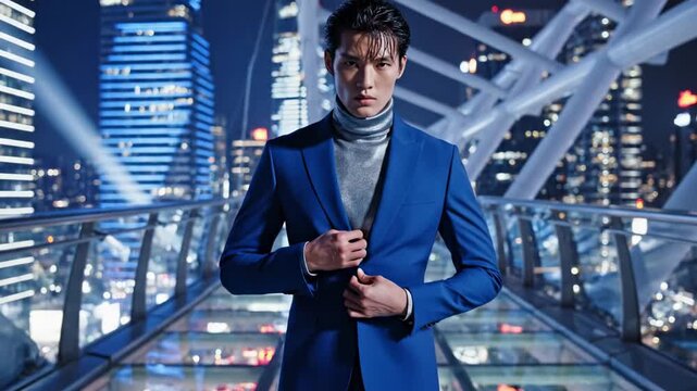 model guys | A stylish man in a blue suit stands confidently on a modern glass bridge, illuminated by city lights at night, surrounded by a sleek urban skyline