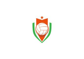 Volleyball Emblem: A clean, minimalist design of a volleyball, gracefully nested within a shield emblem. Capturing the spirit of sports and competitive play.