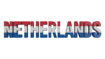 3D text 'NETHERLANDS' featuring the Dutch flag's red, white, and blue stripes on each bold block letter, isolated on a transparent background. background removed