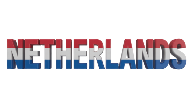 3D text 'NETHERLANDS' featuring the Dutch flag's red, white, and blue stripes on each bold block letter, isolated on a transparent background. background removed